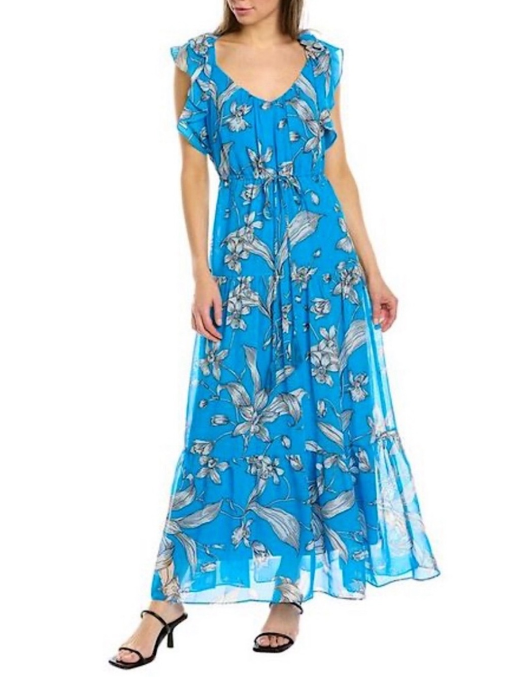 Taylor Bright Blue Floral Tiered Ruffled Maxi Dress Lined L
